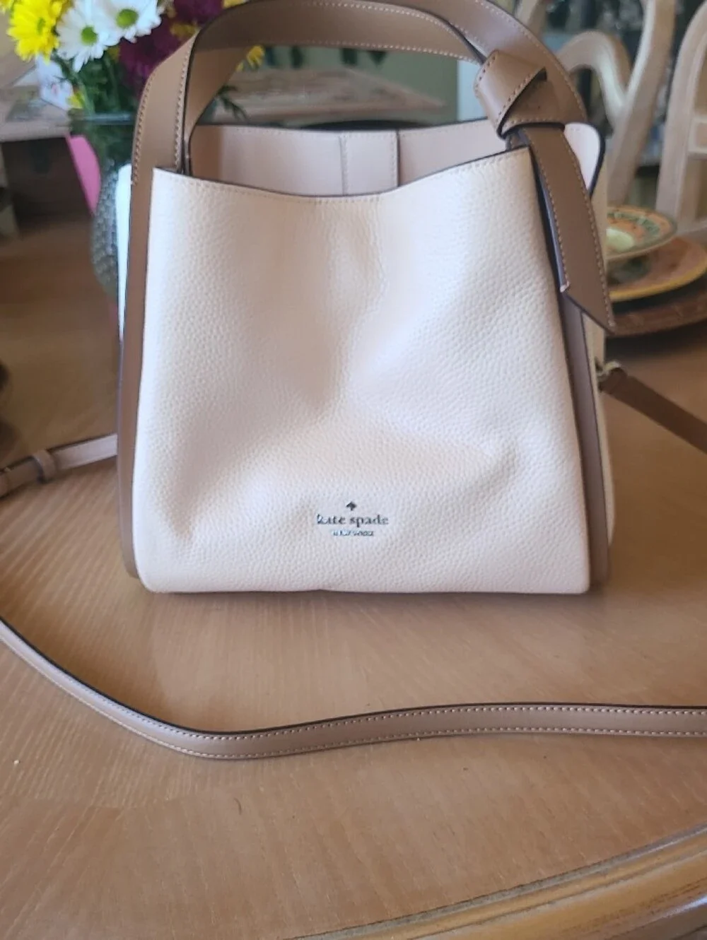 kate spade Pebbled Leather Shoulder Bag in Cream and Tan